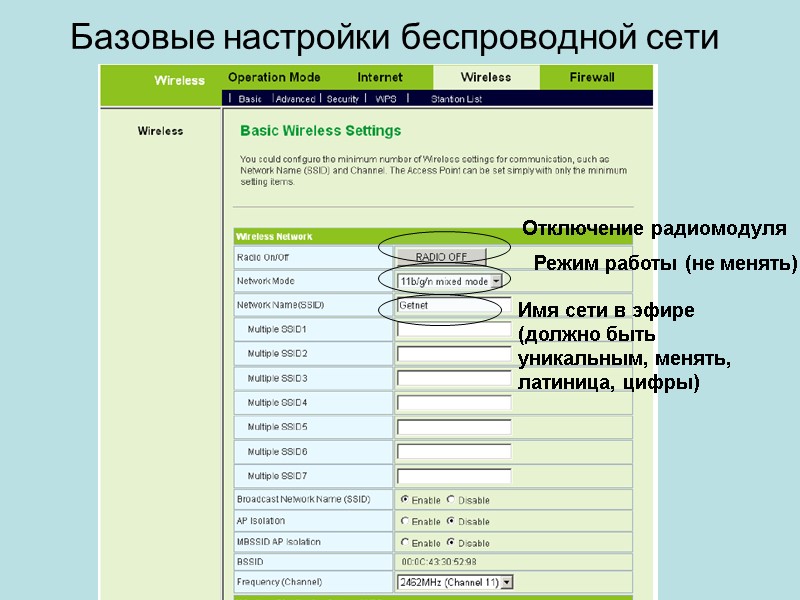 Базовые настройки беспроводной сети Отключение радиомодуля Режим работы (не менять) Имя сети в эфире
